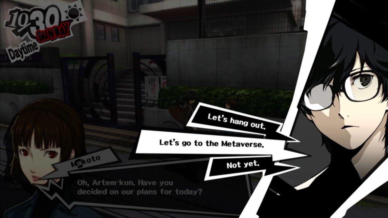 An in-game dialogue interface showing 'Let’s go to the Metaverse' as one of the options.