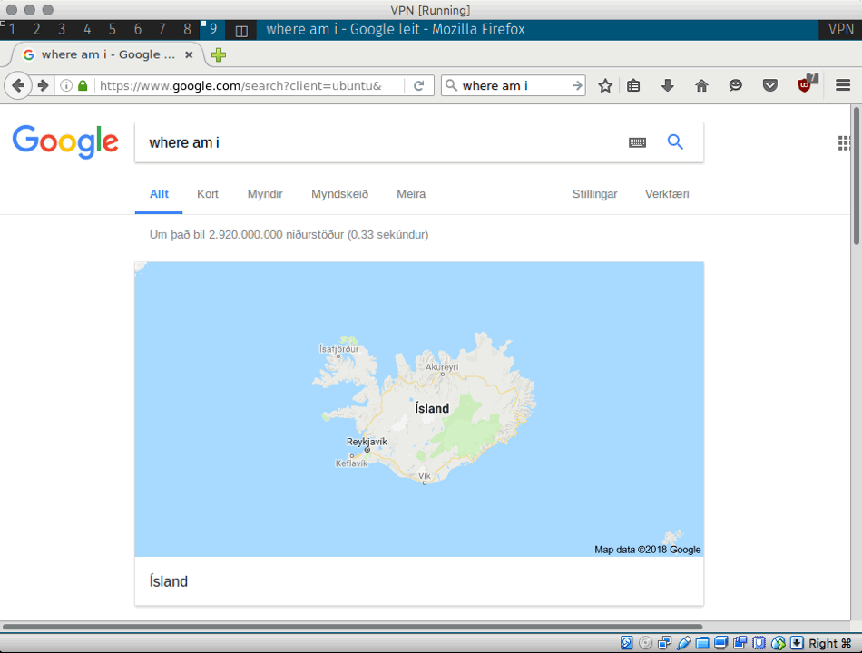 A screenshot of VirtualBox with full screen Firefox running in it. The Google search results page is opened in the browser tab. It shows that the user’s current location is Iceland.